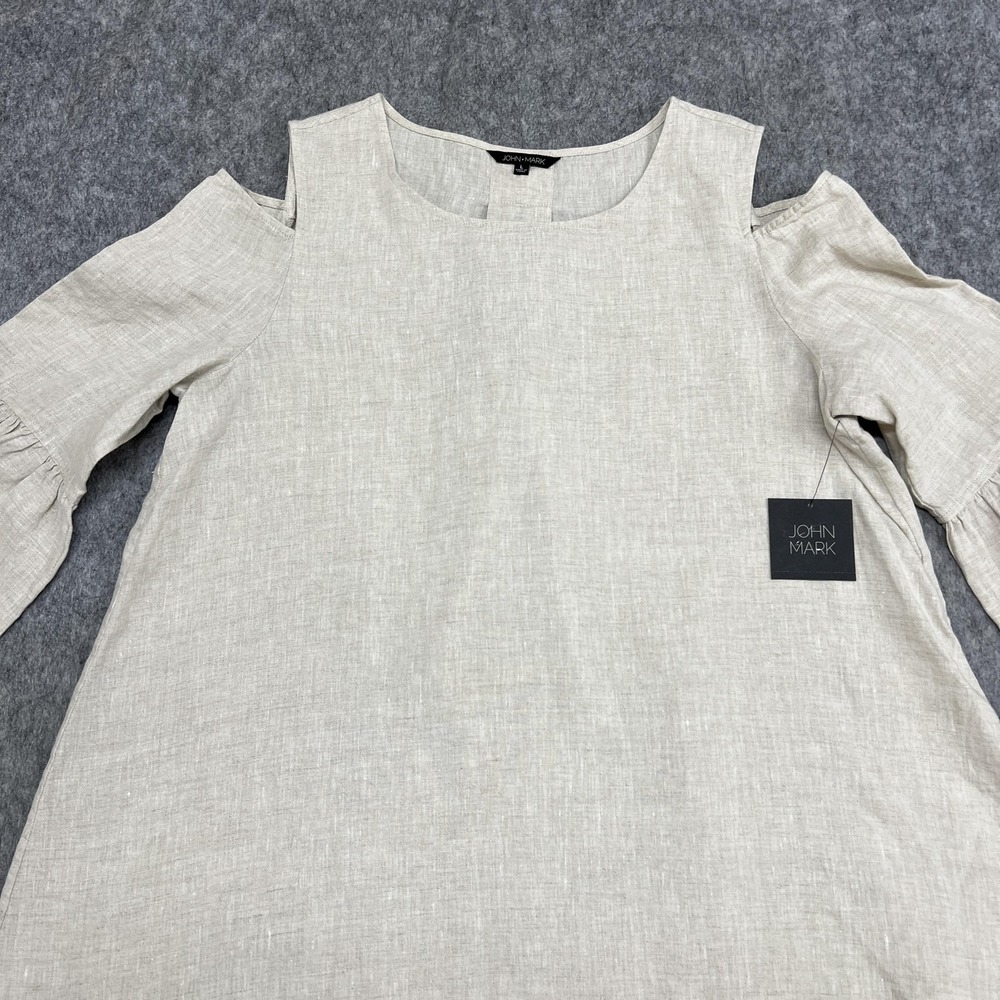 John Mark Blouse Womens L Beige Linen Cold Shoulder 3/4 Bell Sleeve Tunic Top - Picture 5 of 16